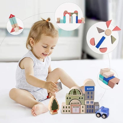 115 Pcs Wooden Building Blocks Toy Set for Kids City Construction Stacker Stacking Preschool Learning Educational Toys Gifts for 3+ Boy Girl Toddler