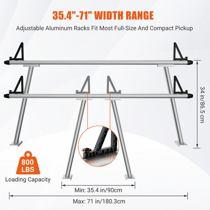 GarveeTech Truck Rack, 71" Aluminum Ladder Rack for Trucks, 800 lbs Capacity with Non-Drilling C-Clamps, Heavy Duty Pickup Truck Racks Two-Bar Set for Kayak, Surfboard, Lumber, Ladder