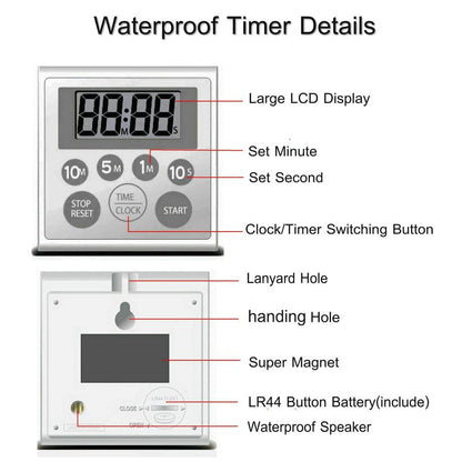 NUOSWEK Digital Timer Waterproof Shower Timer Shower Clock Bathroom Kitchen Timer with Strong Magnet and Large LCD Display (Waterproof 7 Key)