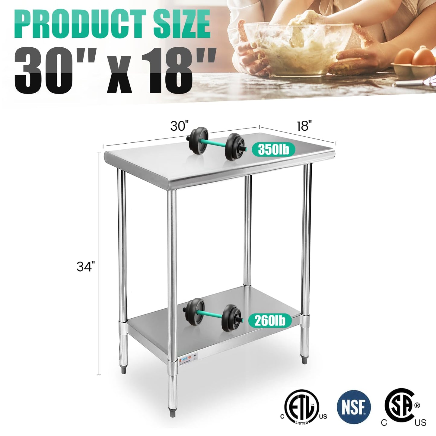 STABLEINK NSF Stainless Steel Small Table 18x30, Metal Prep & Work Table with Adjustable Undershelf, for Commercial Kitchen, Restaurant, Hotel, Bar and Garage