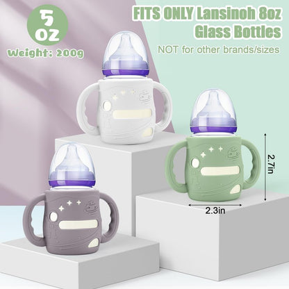 Mity rain3 Pack Silicone Sleeves with Lansinoh Bottle Handles for Lansinoh NaturalWave 5 oz Wide Baby Bottles - Anti-Breakage Protector & Anti-Colic Bottle Holder(Other Products Cannot be adapted)