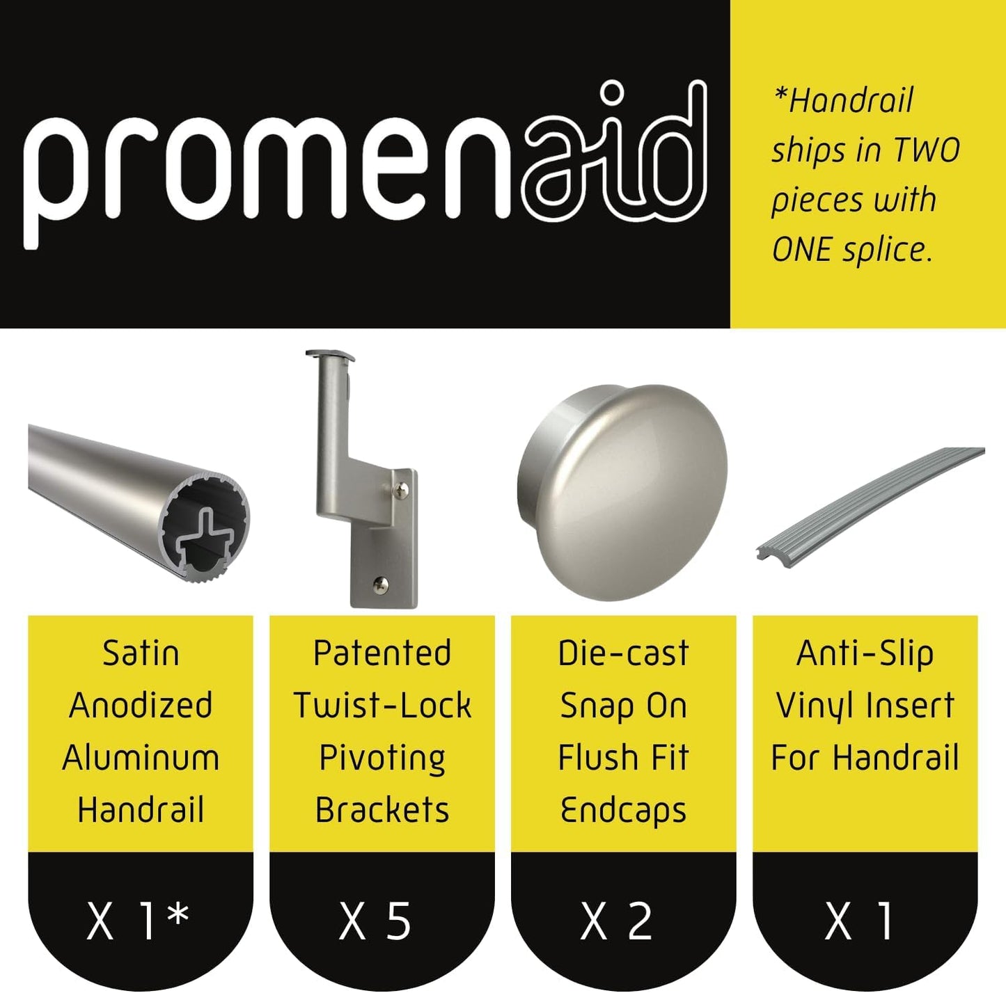 Promenaid - 1.5ft Flush Handrail Kit Sliver Finish Complete Indoor/Outdoor Handrail for Stairs with ADA Wall Return Kit Flush Endcap Replacement