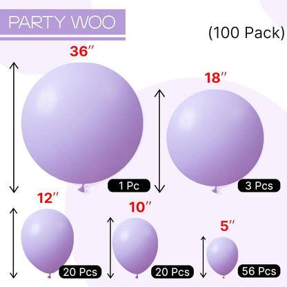 PartyWoo Pastel Purple Balloons - 100-Piece Pack | 5-18 Inch Sizes for Baby Shower & Birthday Decor