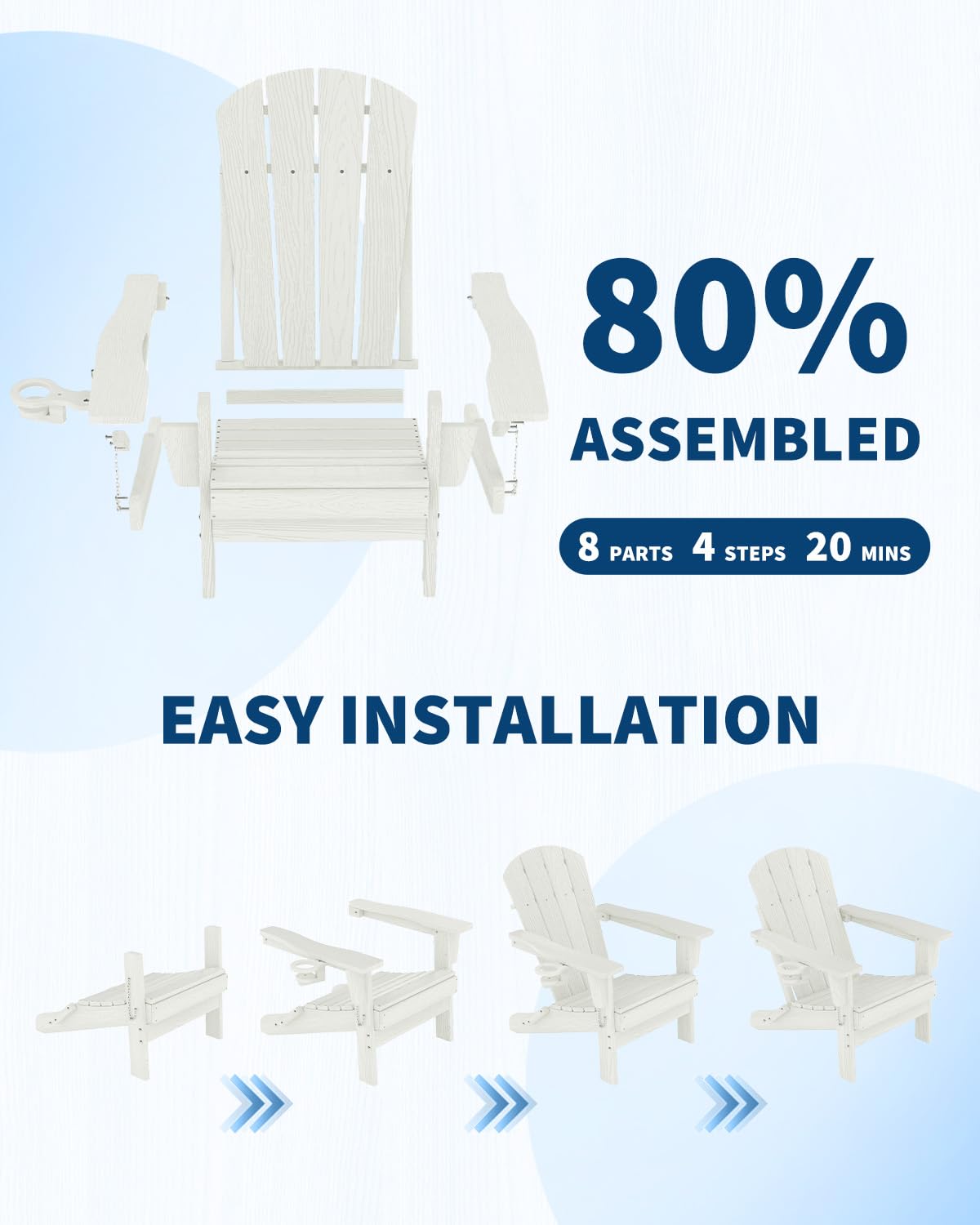 Garvee Folding Adirondack Chair Set of 4 with 2 Side Table, HDPE Outdoor Patio Chair with Cup Holder, All Weather Resistent Wooden Textured for patios, Decks, Gardens, fire Pit, White