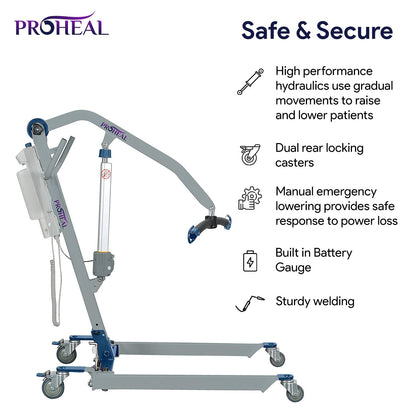 ProHeal Portable Patient Lift - Compact Folding Full Body Patient Transfer Lifter for Home Use and Facilities - Low Bed and Chair Lifting, 400 Pound Weight Capacity, 2 Point Spreader Bar