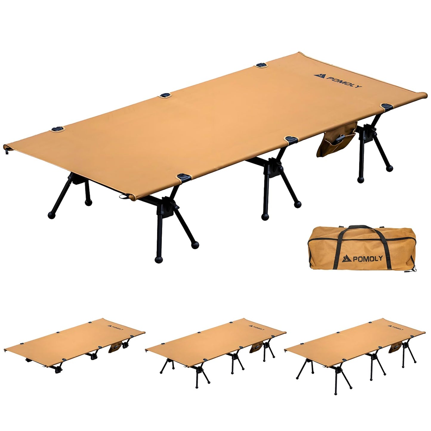 POMOLY Lightweight Camping Cot, 3-Level Height Adjustable Folding Bed for Adults, Portable Outdoor Heavy-Duty Reinforced Legs, 400 lbs Capacity, Military Army Ultralight Backpacking Hunting