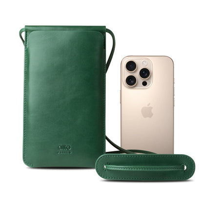 alto Leather Phone Purse Case, Italian Leather Crossbody Cellphone Bag with Card Holder, Pocket, Shoulder Strap, for Men and Women, fits iPhones and Android Phones up to 6.8 inches (Forest Green)