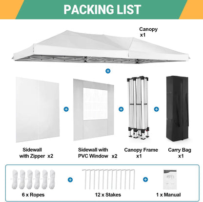 COBIZI 10x20 Pop Up Canopy Tent Commercial Instant Shelter with 6 Sidewalls, Durable Waterproof Portable Gazebo UPF 50+ for Outdoor Party, Wedding, Vendor Events (White)