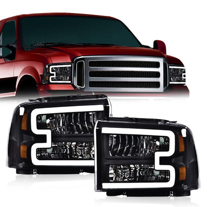 LED DRL Headlights Assembly Front Headlamp Compatible with Ford F250 F350 F450 F550 Super Duty 2005-2007/Ford Excursion 2005,(Not Fit Sealed Beam Headlight model) Clear Lens Black Housing