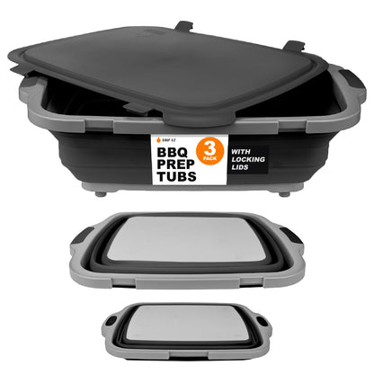 Drip EZ Collapsible BBQ Prep Tubs 3-Piece Set- For Meal Prep Marinating Food Storage - Includes Cutting Board & Lid - (1) JR + (1) OG + (1) XL - Black