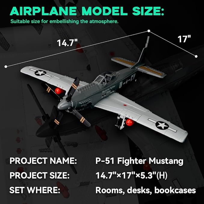 P-51 Mustang Fighter Airplane Military Building Set with Display Stand - 258 Piece Model Kit for Adults Collectors &amp Hobbyists
