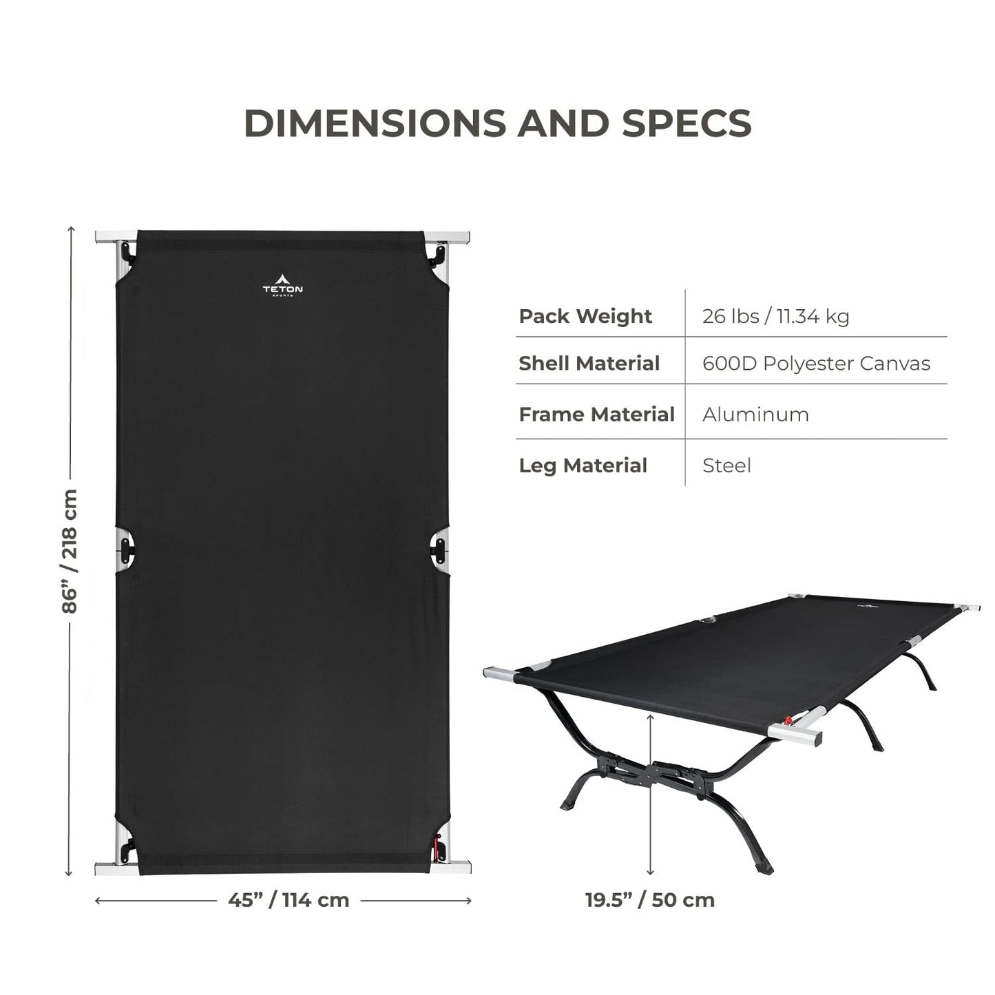 Teton Outfitter Camping Cot, Heavy-Duty Oversized Folding Cot for Adults, Comfortable Elevated Sleeping Bed, Easy Setup, XXL