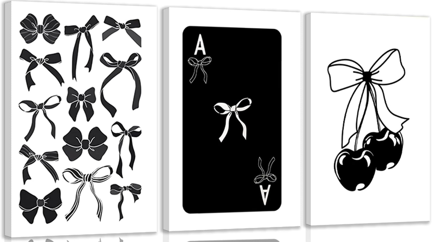 Kyiyhzp 3Pcs Fashion Black White Bow Canvas Wall Art Funky Aesthetic Cherry Poker Picture Painting Trendy Preppy Aesthetic Wall Decor Artwork for Girl Room Dorm Apartment Bedroom Decorations 16x24in