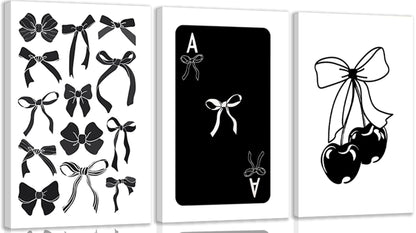 Kyiyhzp 3Pcs Fashion Black White Bow Canvas Wall Art Funky Aesthetic Cherry Poker Picture Painting Trendy Preppy Aesthetic Wall Decor Artwork for Girl Room Dorm Apartment Bedroom Decorations 16x24in