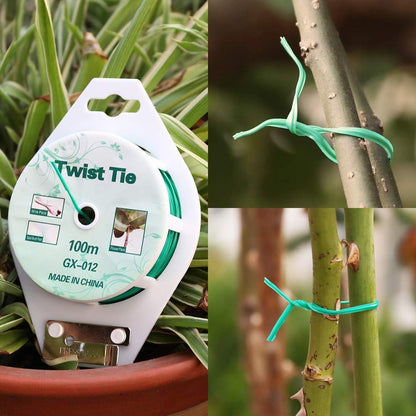 Skiennix Twist Ties - All-Purpose Coated 328 Feet Garden Plant Support Ties | Reusable Green Twine for Gardening & Cable Organization