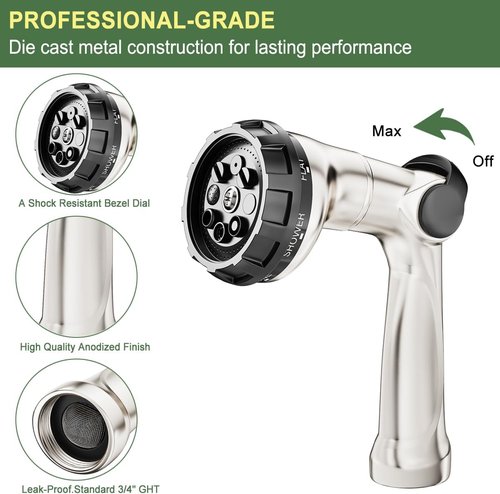 FANHAO Heavy Duty Garden Hose Nozzle - 100% Metal with 8 Spray Patterns for Efficient Watering