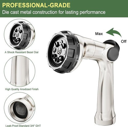 FANHAO Heavy Duty Garden Hose Nozzle - 100% Metal with 8 Spray Patterns for Efficient Watering