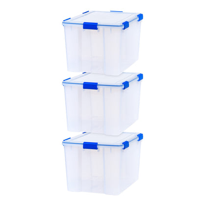 IRIS USA WeatherPro 74 Qt Storage Bins with Lids, 3 Pack, BPA-Free Plastic Gasket Box with Tight Latch and Seal, Stackable Nestable Tote Tub - Clear/Blue