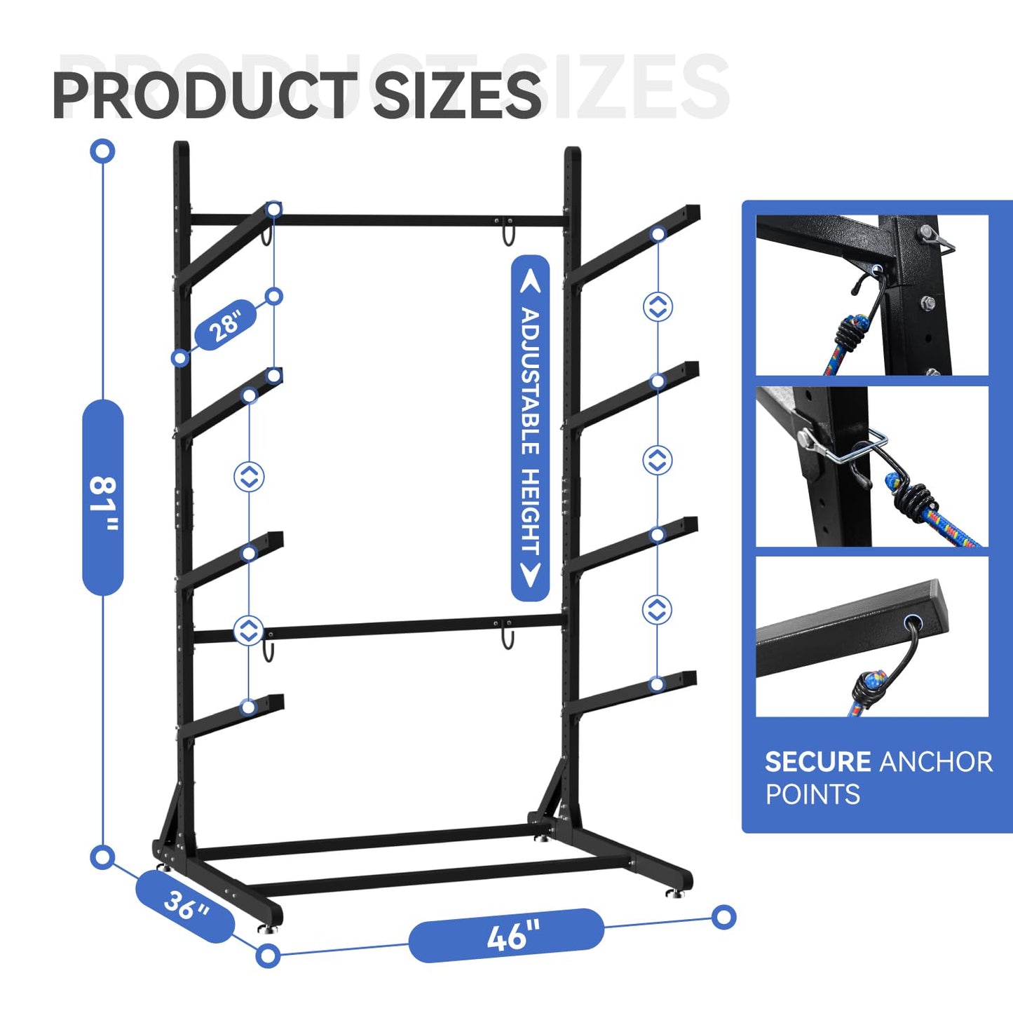 RDCMKL Freestanding Kayak Storage Rack, Heavy Duty Adjustable Stand for Kayaks, SUPs, Paddleboards, Canoes, Weatherproof, Indoor Outdoor, 400 LBS Capacity (4 Levels)