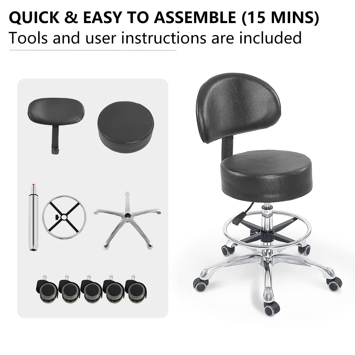 Grace&Grace Height Adjustable Swivel Rolling Stool with Back Extra Thick Seat for Ultimate Comfort for Salon, Studio, Shop, Kitchen (Black,with Foot Rest)