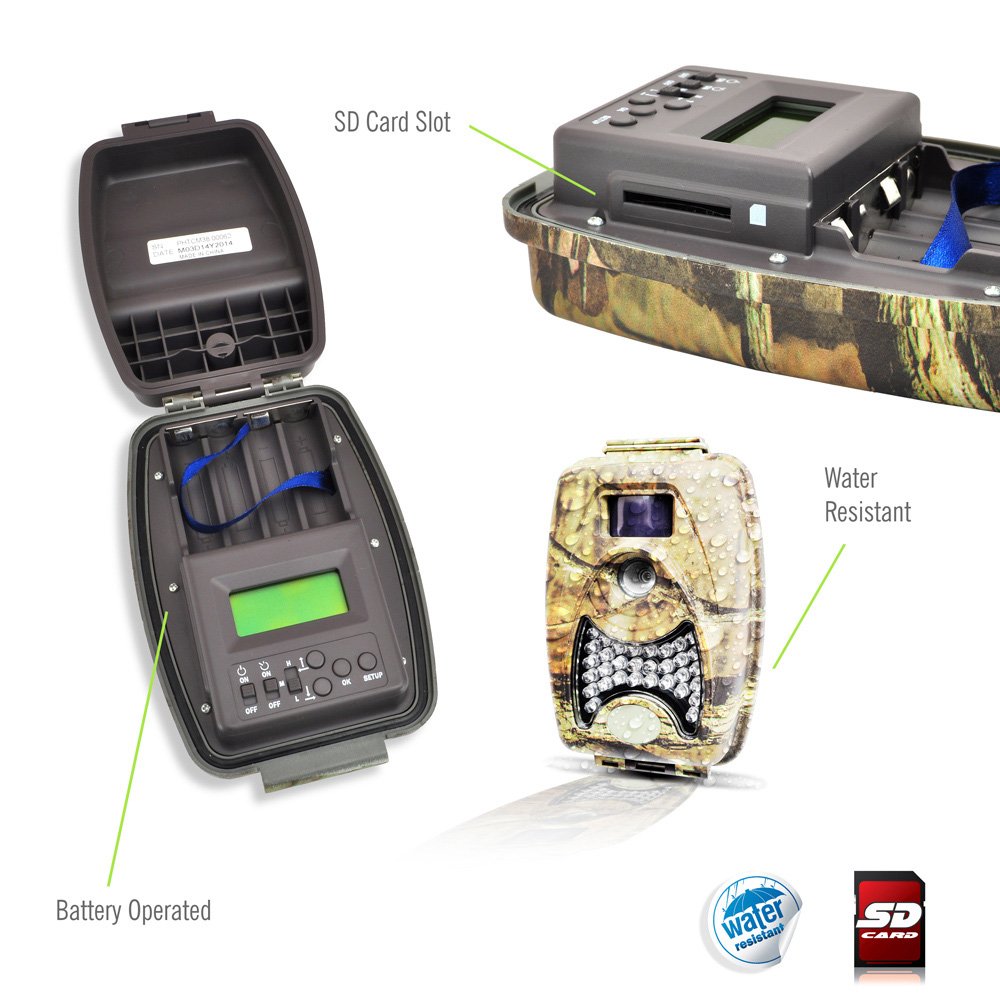 Pyle PHTCM38 Water Resistant Wild Game Trail Scouting Camera with Infrared Night Vision, Record Video, Snap Images and Invisible Flash