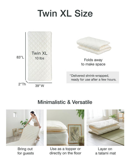 FULI Japanese Futon, Twin XL Size, White - Foldable Shikibuton Floor Bed - Medium Firm Quilted Cotton Sleeping Pad, Portable Roll-Up Japanese Floor Bed for Guests & Small Spaces
