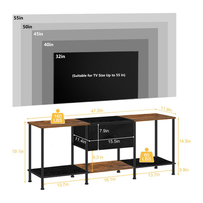 Vrisa TV Stand for 50/55 inch Television Entertainment Center with Storage Fabric Cabinet and Shelves Modern TV Console for Living Room Bedroom, Black+Grey