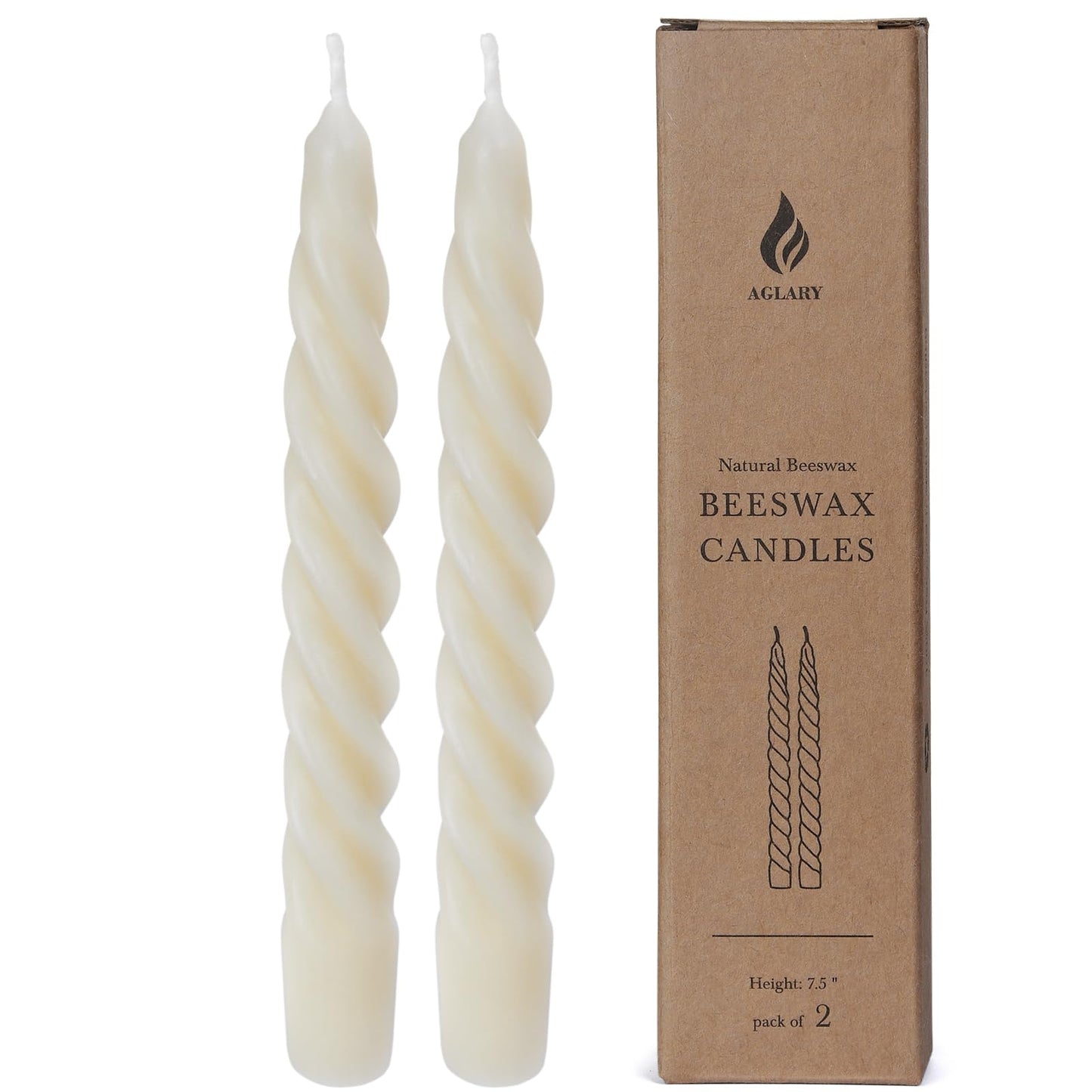AGLARY 2PCS 7-Inch Pure Beeswax Spiral Taper Candles, Twisted Stick Candles, Dripless & Unscented for Weddings, Christmas, Dinner, Meditation - White