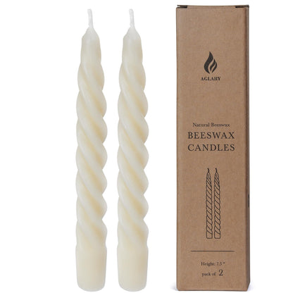 AGLARY 2PCS 7-Inch Pure Beeswax Spiral Taper Candles, Twisted Stick Candles, Dripless & Unscented for Weddings, Christmas, Dinner, Meditation - White