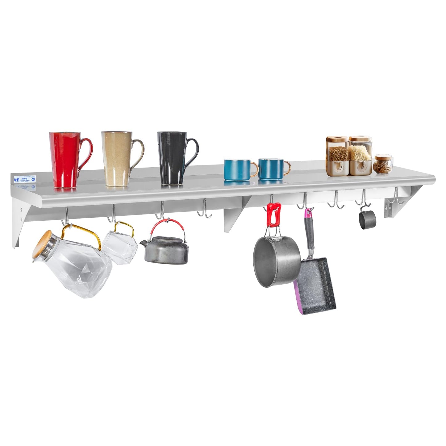 Hally Stainless Steel Shelf with 9 Hooks 12" x 72" Wall Mounted Pot Rack 345lb, NSF Commercial Floating Shelving for Storage Hanging Pots, Pans, cookware in Restaurant, Kitchen, Home and Hotel