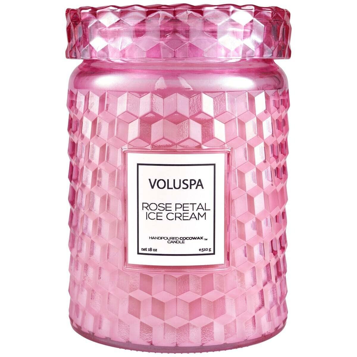 Voluspa Rose Petal Ice Cream Scented Candle, Large Jar, 18 Ounce, 100 Hour Burn Time, Coconut Wax for Clean Burning, Handcrafted in the USA