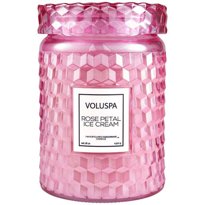 Voluspa Rose Petal Ice Cream Scented Candle, Large Jar, 18 Ounce, 100 Hour Burn Time, Coconut Wax for Clean Burning, Handcrafted in the USA