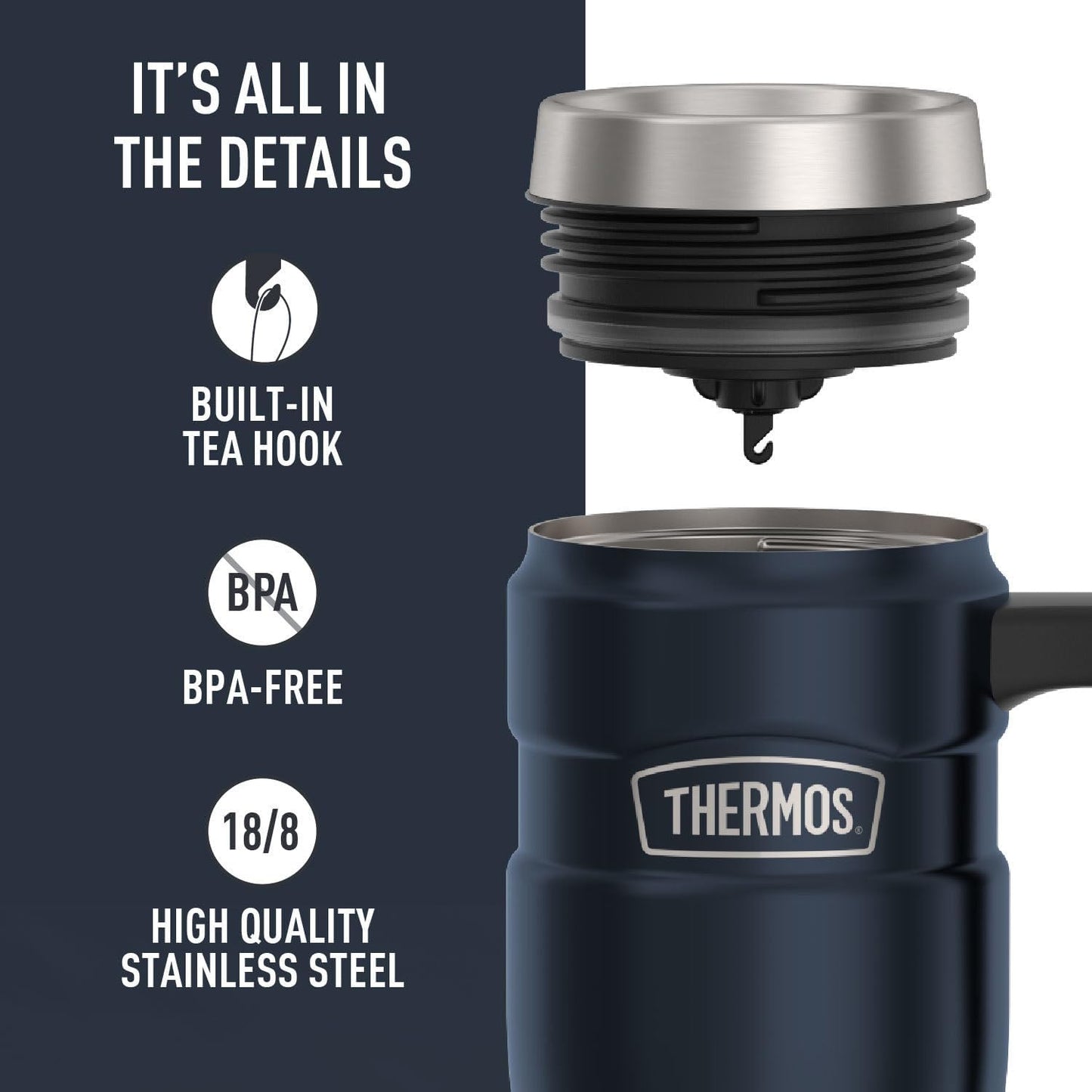 THERMOS Stainless King Travel Mug - 16oz Vacuum-Insulated, Midnight Blue | Leak-Proof & Sweat-Proof Design for Hot & Cold Drinks