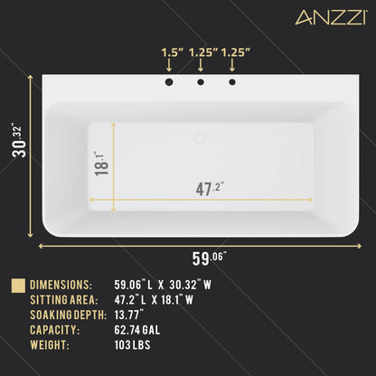 ANZZI Freestanding Tub 59," Acrylic, Modern Stand Alone Soaking Tub, Built In Drain and Overflow, Free Standing Tub with Pre-drilled Faucet Holes, Series (FT-AZ114-59)