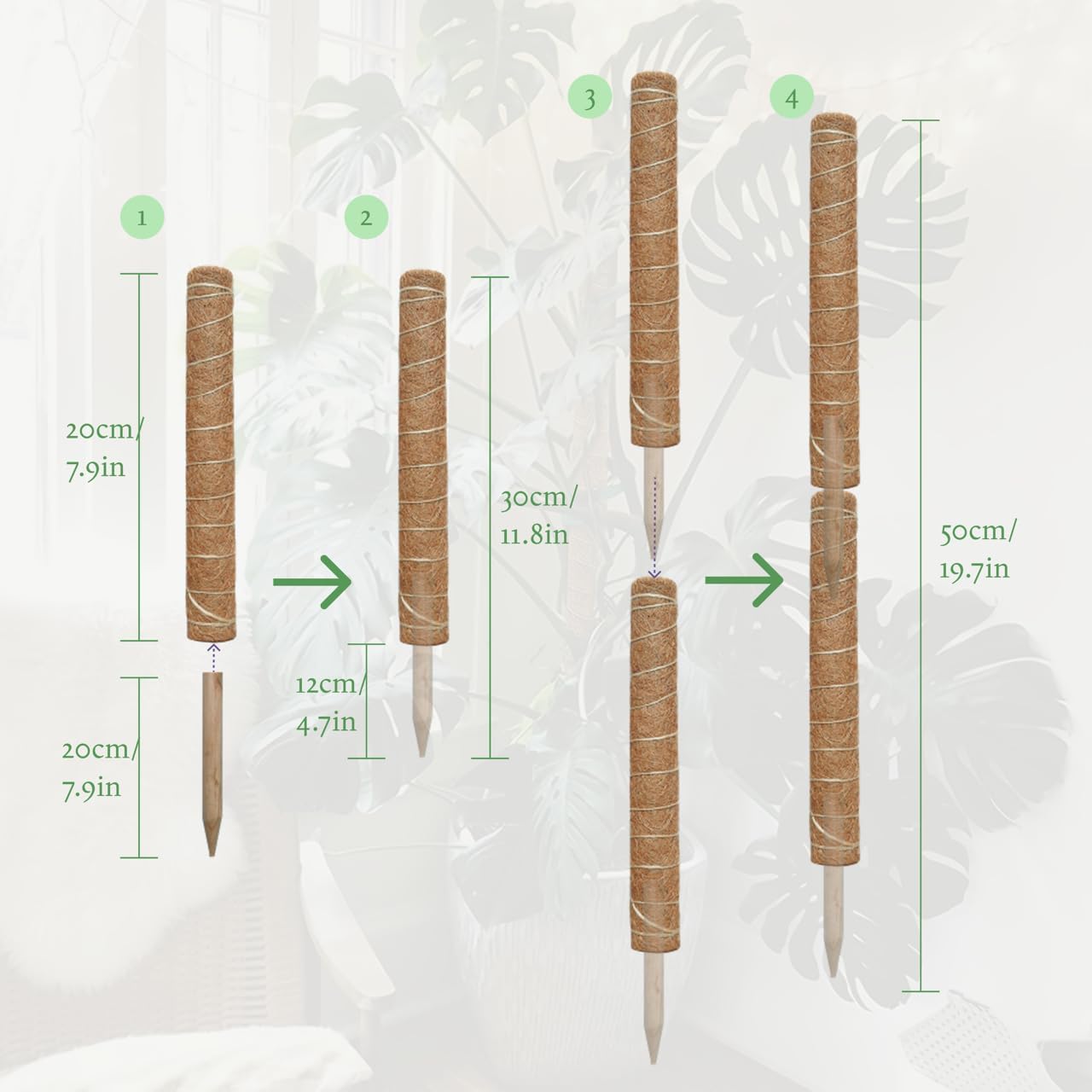 Moss Pole for Plants - 4 Pack Natural Coco Coir Climbing Support Stakes | 7.9 Inch Each, Total 31.6 Inch