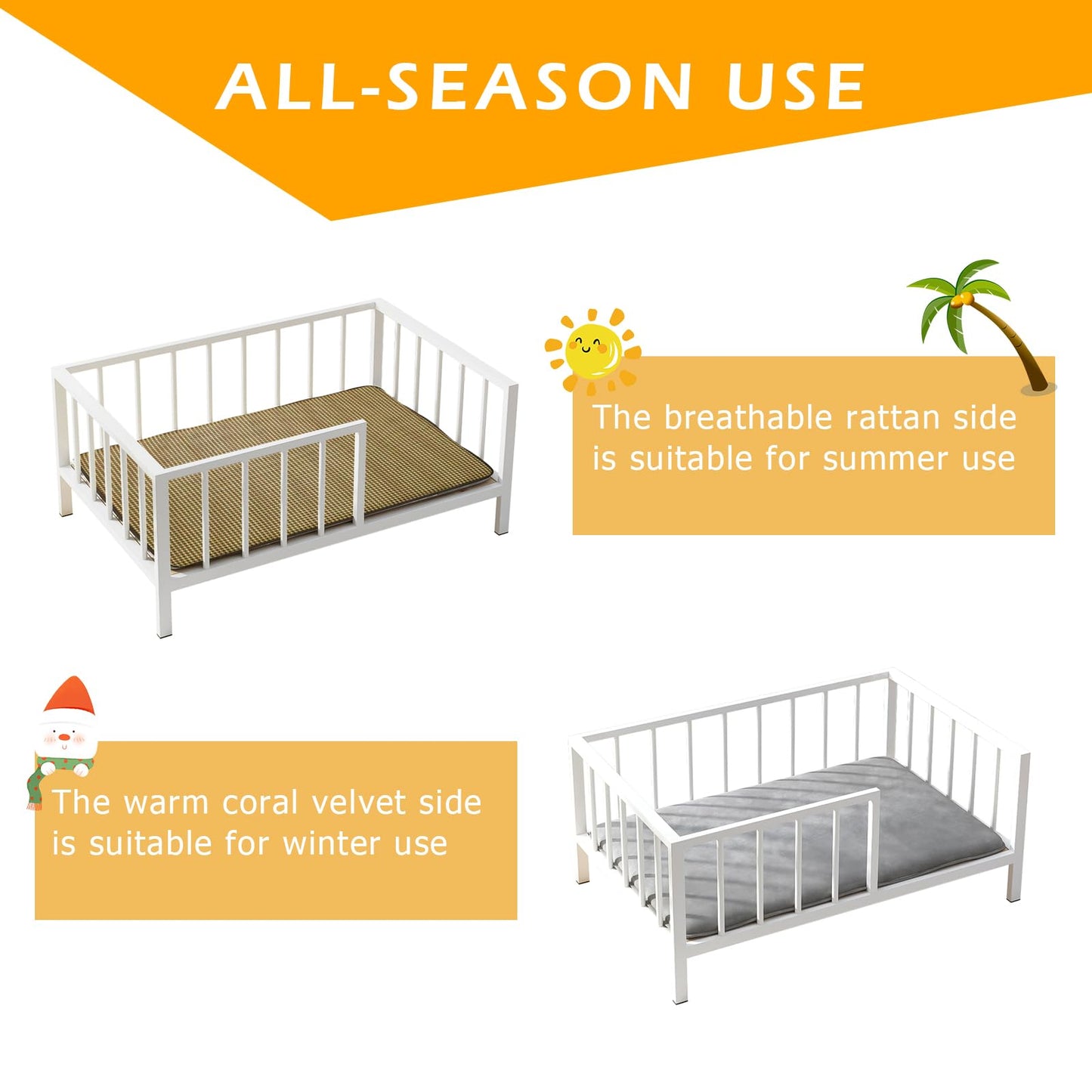 OSCHF Dog Bed with Rails - Elevated Pet Metal Bed Frame with Solid Wood Board and Washable Soft Mat for Medium Dog Indoor or Outdoor Use, 25.2" x 37.8", White
