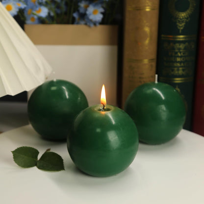 Ball Pillar Candles Set of 3 Green 3 Inch Unscented Handpoured Weddings, Home Decoration, 75 Hour