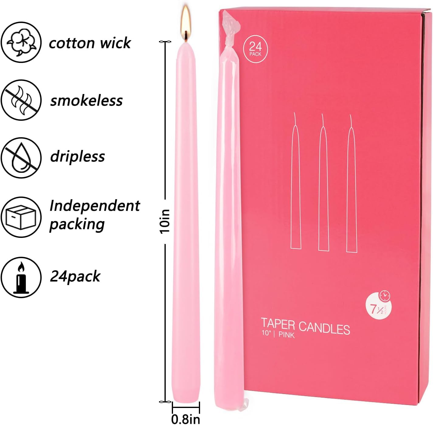 YOROXRG 24 Pack Pink Taper Candles, 7-8 Hours Burn Time, Unscented, Smokeless and Dripless, 0.75 x 10 Inch Dinner Candle Set for Valentine's Day,Household, Wedding, Party and Home Décor Candlesticks