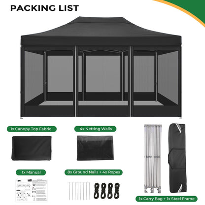 COBIZI 10x15 Heavy Duty Pop Up Canopy with 4 Sidewalls, Commercial Gazebo Party Tent with Mosquito Netting Wall Easy Set Up Outdoor Instant Screen Tent for Backyard, Patio, Garden, Black