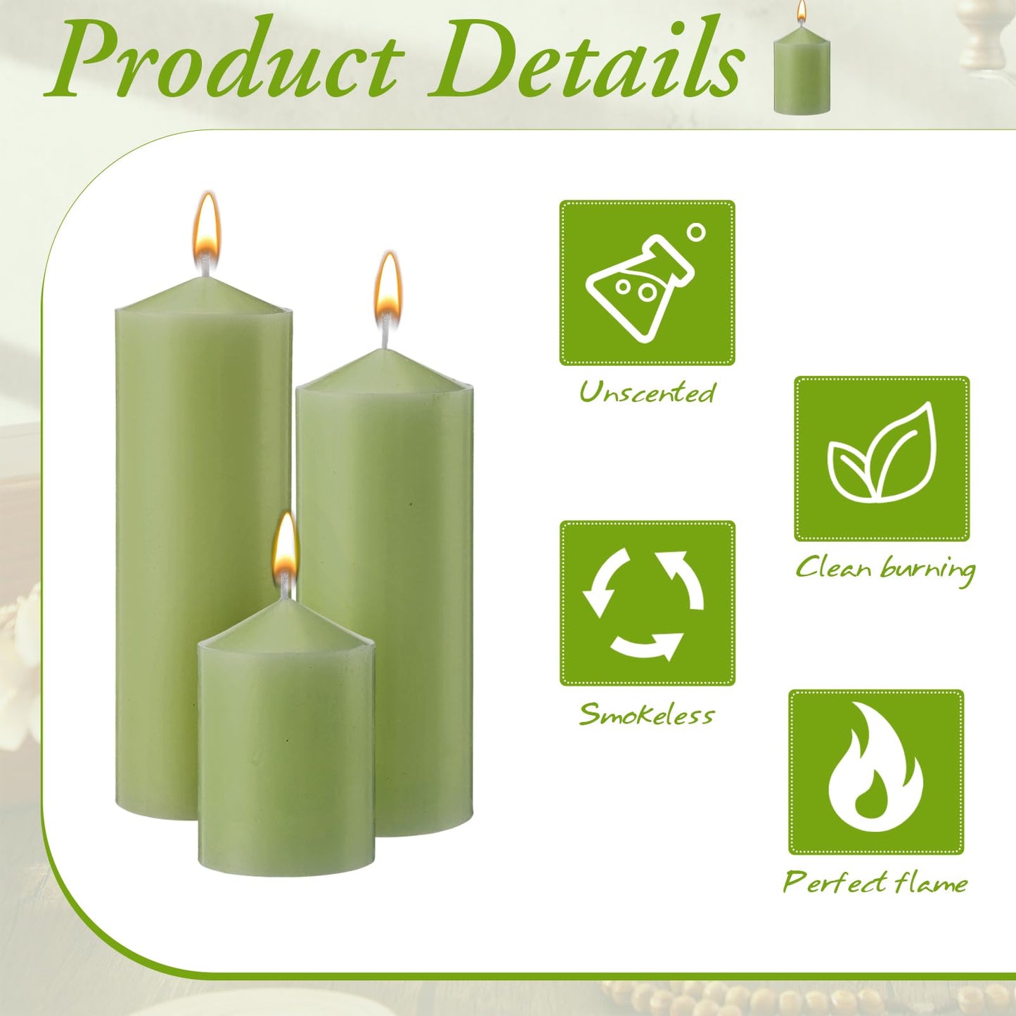 MTLEE 6 Pcs Pillar Candles 3 Set 2 in x 3, 6, 8 Inch Smokeless Dripless Unscented Pillar Candles Long Clean Wax for Wedding Dinner Party Spa Emergency Ceremony Home Decor (Green)