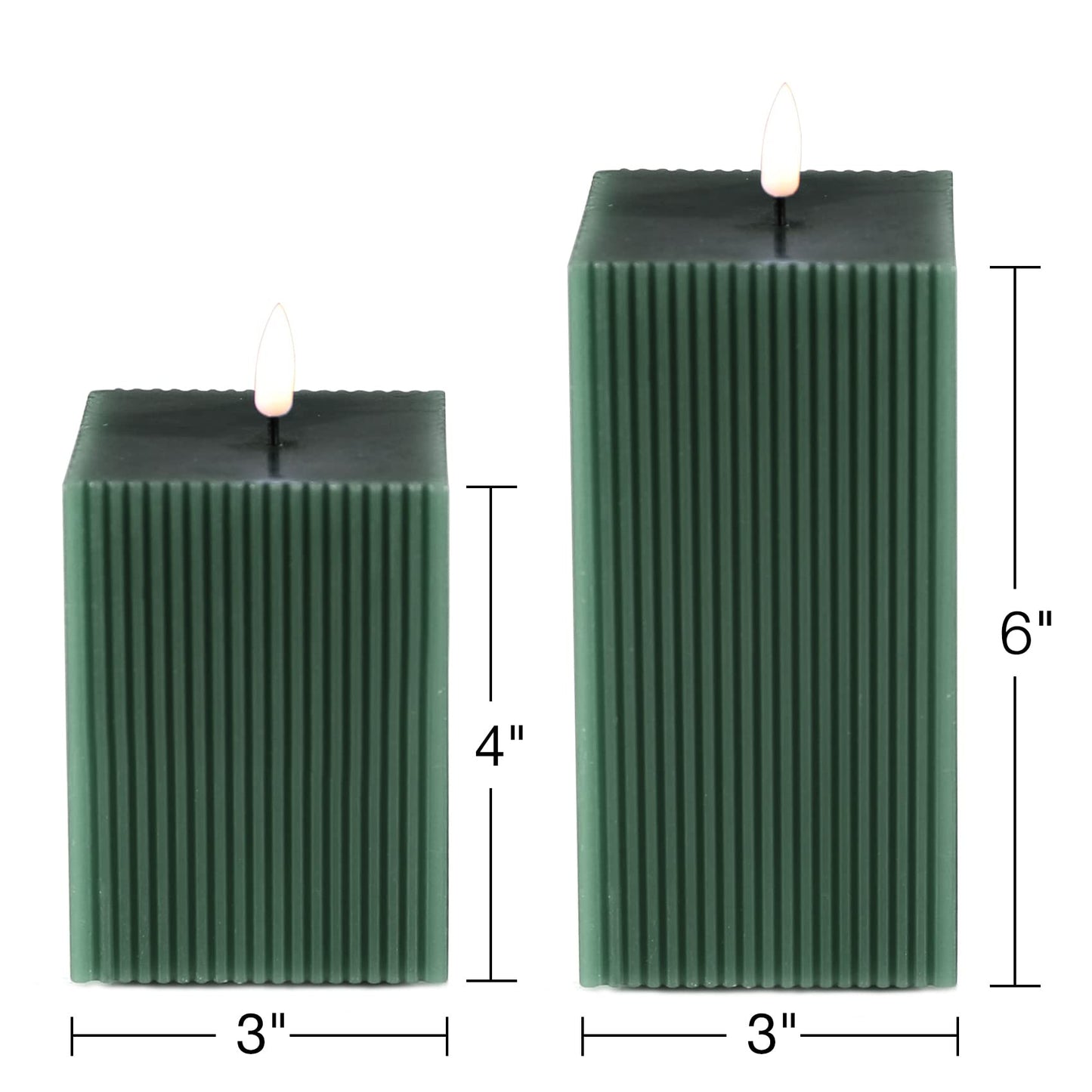 Girimax Dark Green Ribbed Flameless Candles with Remote, Battery Operated LED Square Candles Set of 2 Φ 3" H 4" 6"