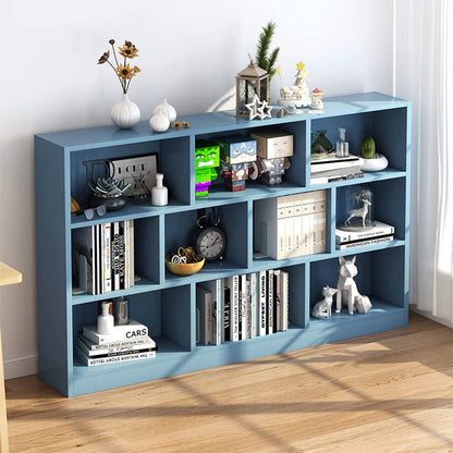 IOTXY Open Shelf Low Bookcase - Wooden 3-Tier Floor Standing Display Cabinet Organizer with Base, 10 Cubes Short Horizontal Bookshelf in Bright Blue