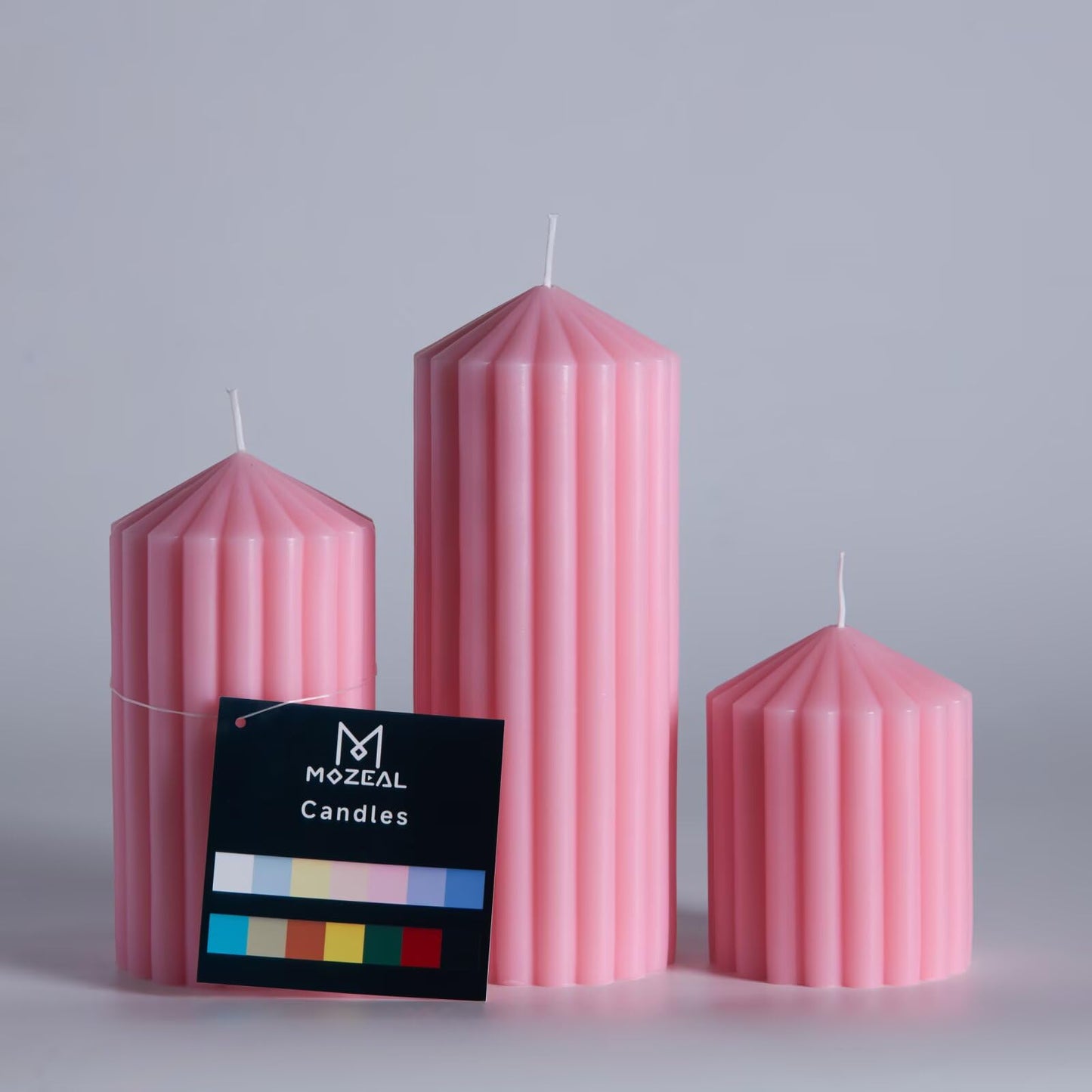 MOZEAL Hand-Poured Pointed Ribbed Soy Pillar Candles Set of 3 - Decorative Pink Unscented Dripless Smokeless (4",6",8") 300 Hr Burn - Stylish Wedding Décor