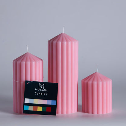 MOZEAL Hand-Poured Pointed Ribbed Soy Pillar Candles Set of 3 - Decorative Pink Unscented Dripless Smokeless (4",6",8") 300 Hr Burn - Stylish Wedding Décor