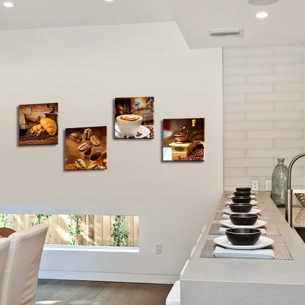 Coffee Theme Canvas Wall Art, Kitchen Decor Pictures, 4 Panel Set, Brown，Canvas wall art prints - charming images of coffee cups, croissants, coffee beans and grinders