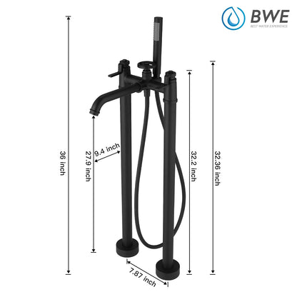 BWE Floor Mount Freestanding Bathtub Faucets Black Solid Brass Single Handle Modern Bathroom Tub Filler High Flow Rate with Handheld Shower Mixer Tap