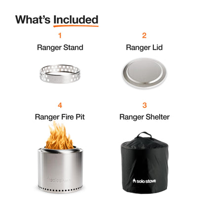 Solo Stove Ranger Amazon Exclusive Fire Pit Bundle | Portable & Smokeless | Includes Stand, Lid & Shelter | Ideal for 2–4 People | Stainless Steel, 15"x15", 22lbs