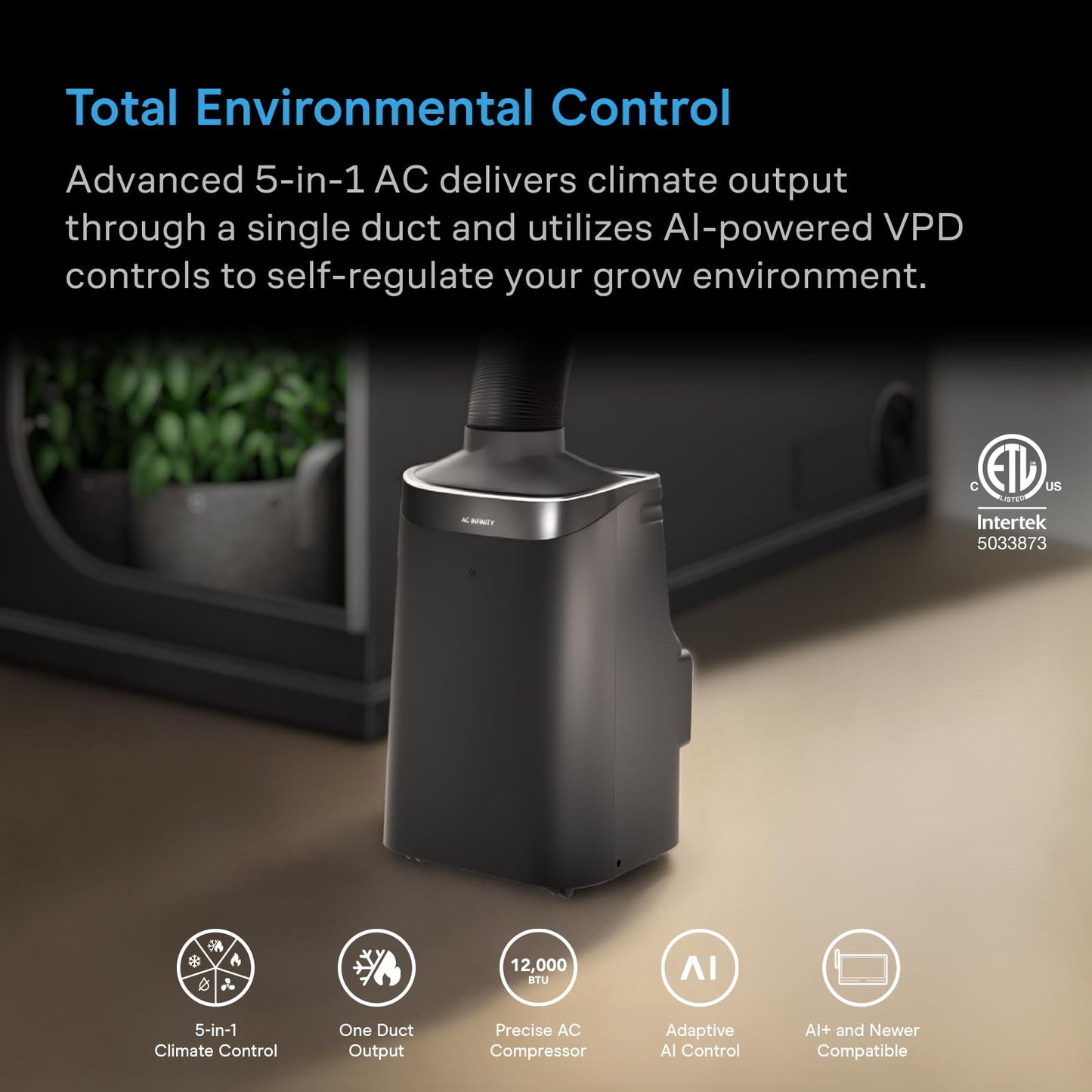 AC Infinity TERRAFORM 8, Plant Air Conditioner, Heater, Dehumidifier, Smart VPD Control, Auto-Switch Cool and Heat from Single Duct, for Grow Tents and Rooms, 12000 BTU