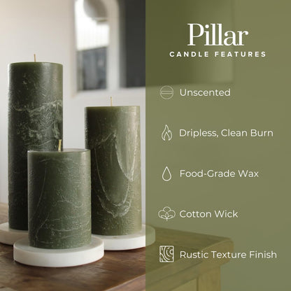 Simply Soson 3x4, 3x6, 3x8 inch Dark Moss Green Pillar Candles, Set of 3 Pillar Candles, Rustic Texture, Unscented Green Candles Dripless Candles Ideal as Wedding Parties Spa Dinner Home Decor Church
