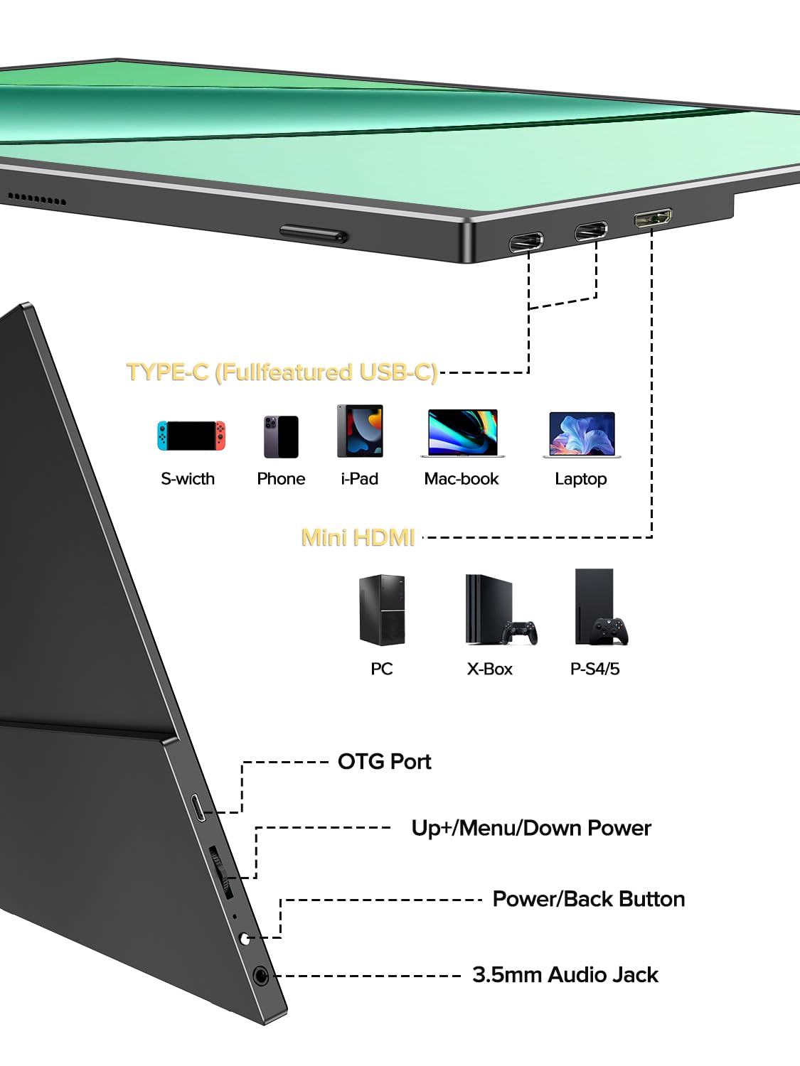 UPERFECT 4K Portable Monitor, 14.5" UHD 3840x2400 Laptop Display with Smart Cover, 16:10 Matte IPS Screen, 125% sRGB, 1.06 Billion Colors, 600 Nits Brightness, Metal Frame for PC/Mac/Phone